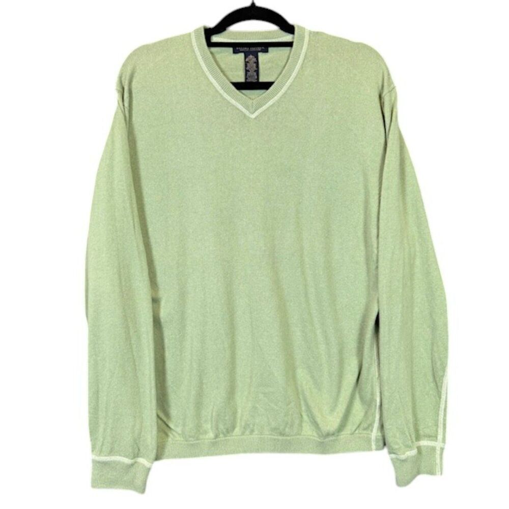 Banana Republic Cotton Cashmere V-Neck Sweater Contrast Stitch Green Large 80s L